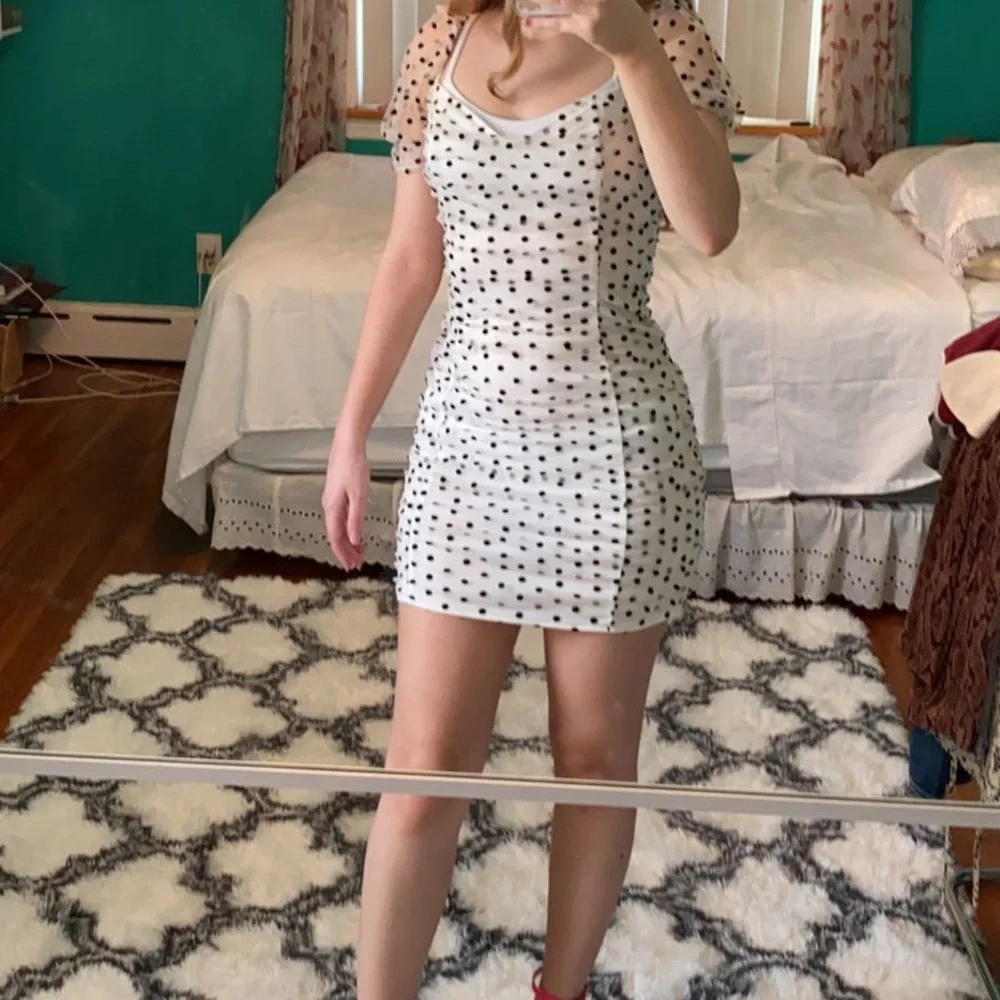 PLT Polka Dot Puff Sleeve Mesh Ruched Mini Dress - Picture 4 of 5